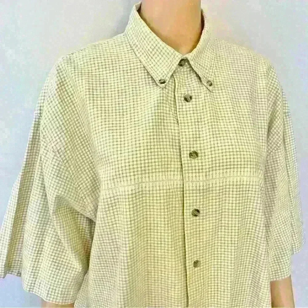 Vintage Oversized Gingham Pastel Green Short Sleeves  Button Down Shirt Blouse.